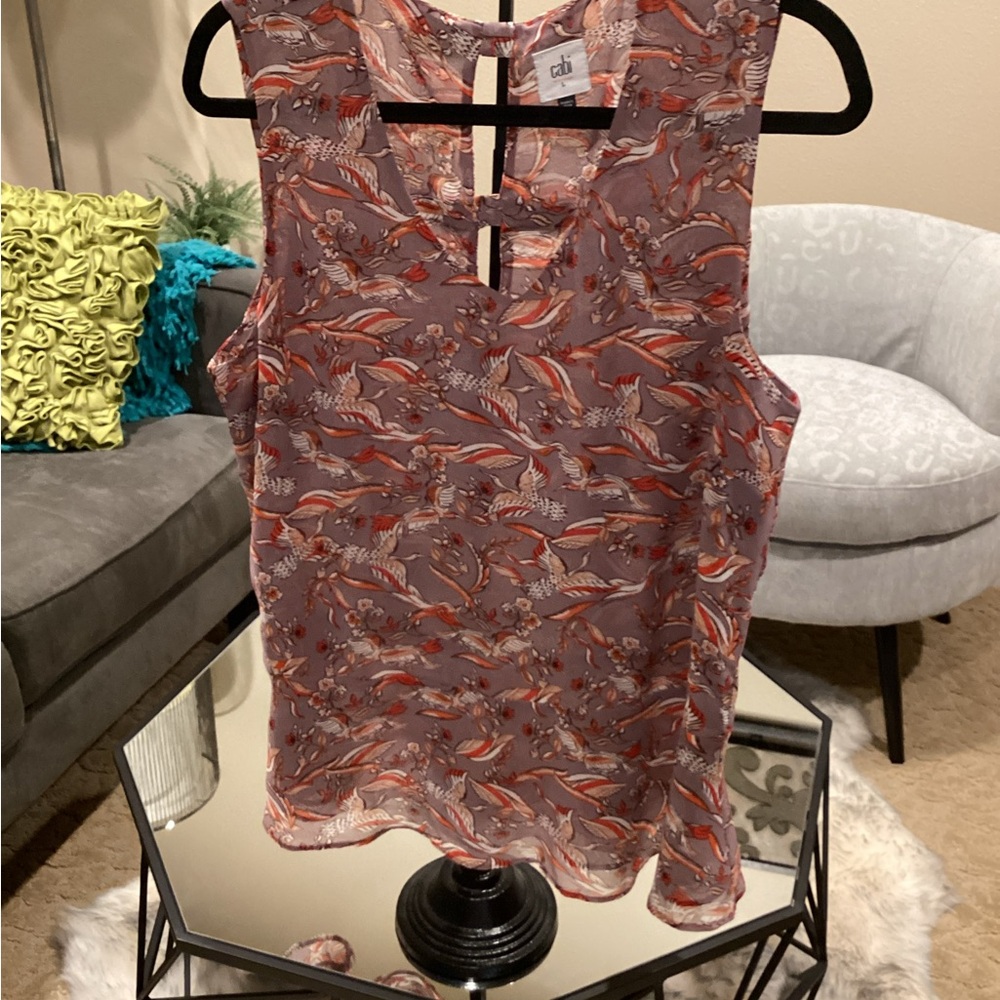 CAbi Good Luck Bird Print Sleeveless Blouse